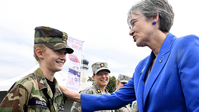 Secretary of the Air Force Heather Wilson encourages Wisconsin Civil Air Patrol Cadet Hamilton at the Experimental Aircraft Association's AirVenture 2017 in Oshkosh, Wis.consin, July 26, 2017.  (U.S. Air Force photo/Scott M. Ash)
